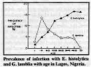Prevalence of infection with E. histolytica and G. lamblia with age in Lagos, Nigeria.