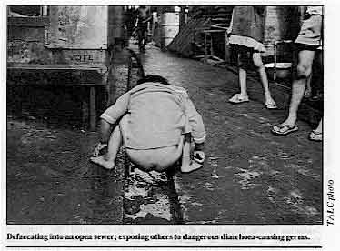Defaecating into an open sewer; exposing others to dangerous diarrhoea-causing germs.