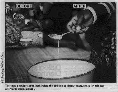 The same porridge shown both before the addition of kimea (inset), and a few minutes afterwards (main picture). 