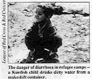 The danger of diarrhoea in refugee camps - a Kurdish child drinks dirty water from a makeshift container.