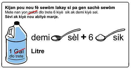 Half (1/2) teaspoon of Salt and Six (6) teaspoons of Sugar should be dissolved in 1 Litre of water